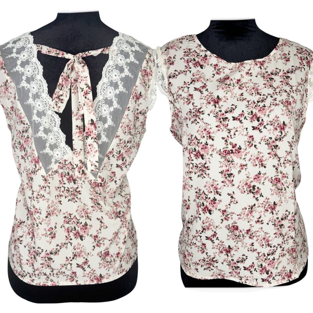 SHEIN Cream & Pink Garden Floral Sleeveless Lace V-Back Tie Blouse Top Medium